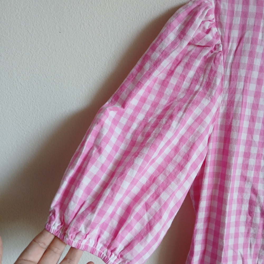 Fashion- Pink Gingham Elbow Sleeves with Wrap  Waist Front/Side Tie Dress - Picture 4 of 11